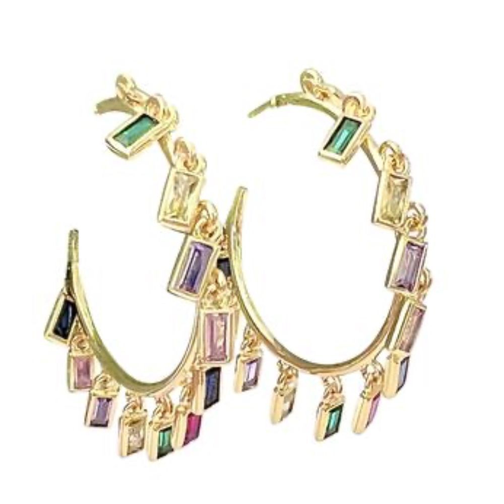 Multigem Hoop Earring - 2 Inch BRAND NEW Colorful Stone Dangle Hoops